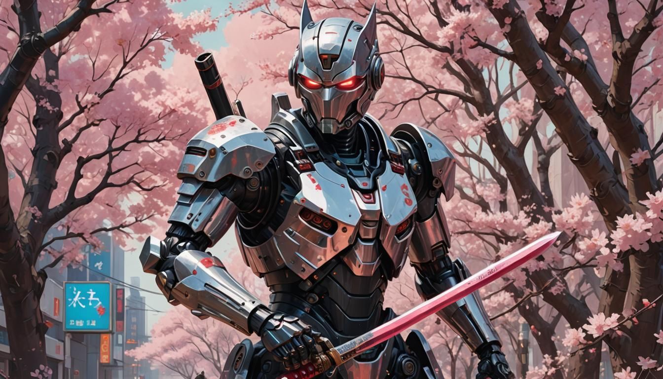 Robot Warrior with Katana in Sakura Garden