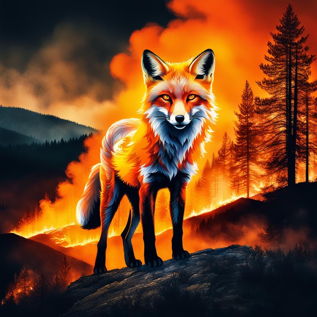 Fiery Fox Double Exposure on Mountainside