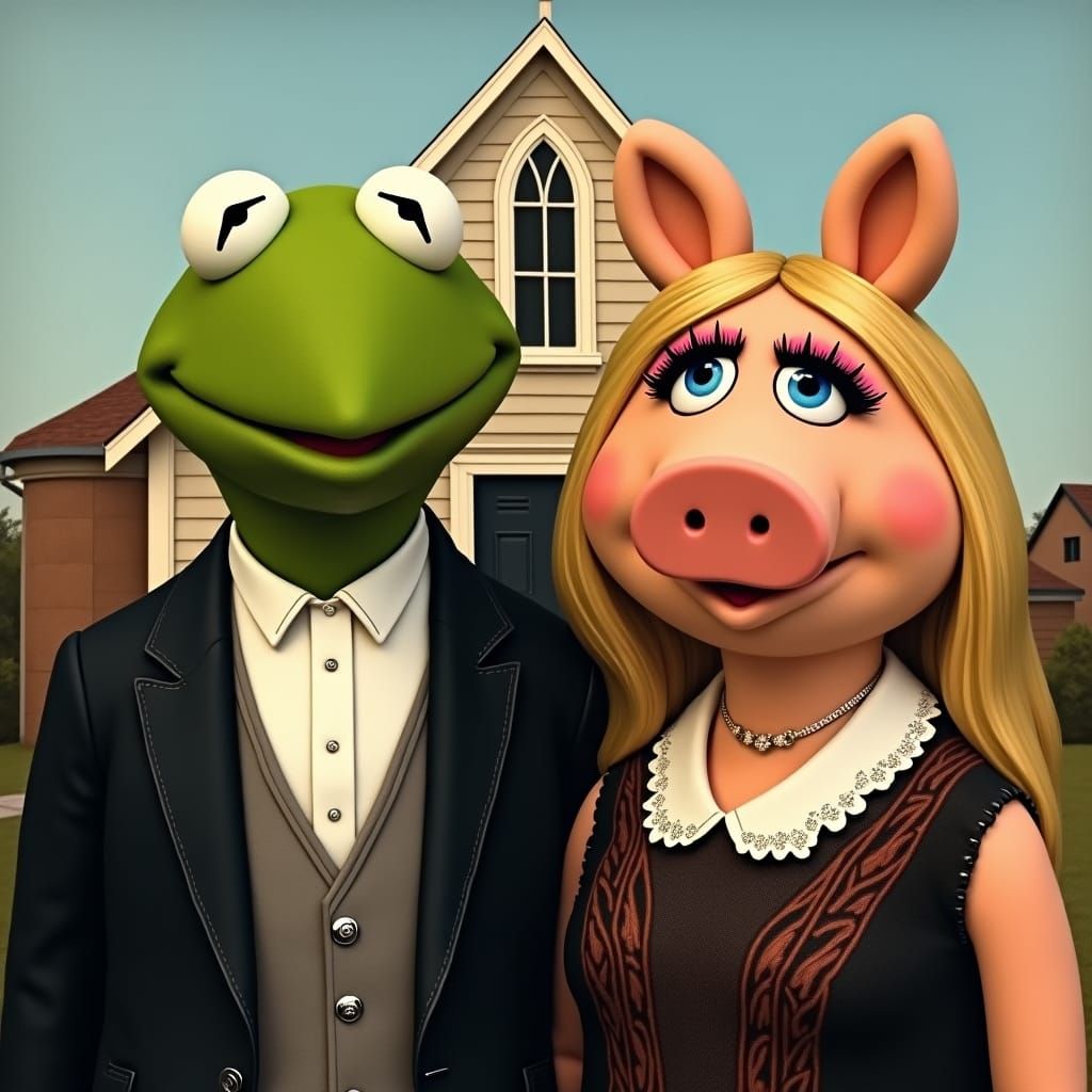 Kermit and Miss Piggy in American Gothic Style