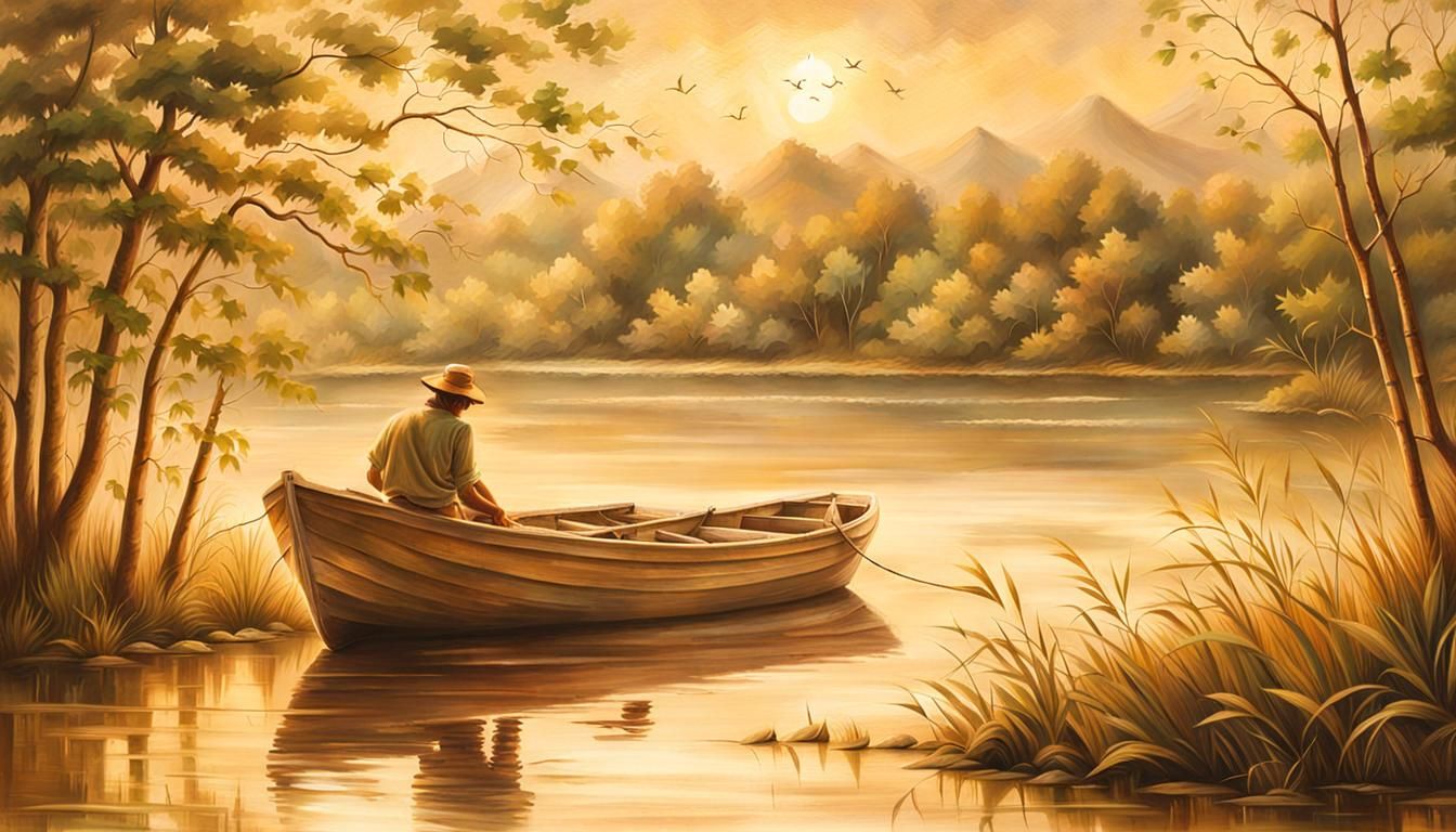 Fisherman on the Brahmaputra in Bengali Folk Art Style