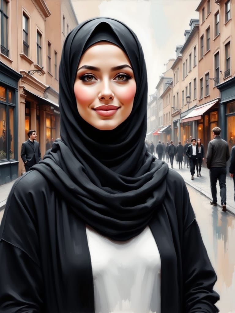 Elegant Hijabi Woman in Minimalist Oil Painting