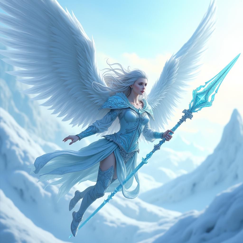Winged Ice Warrior Soaring Over Frozen Sea
