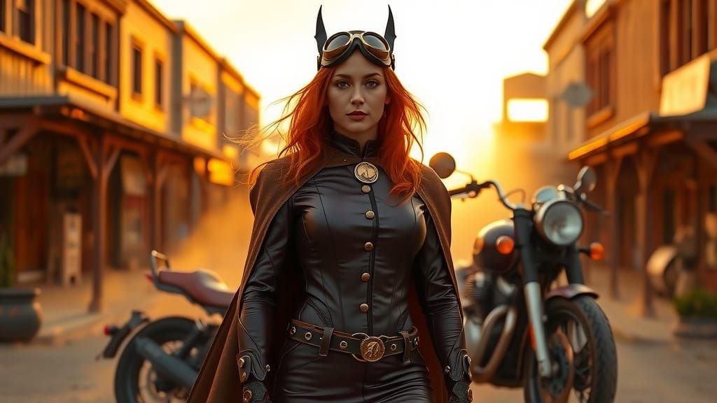 Steampunk Superhero in Old West Sunset