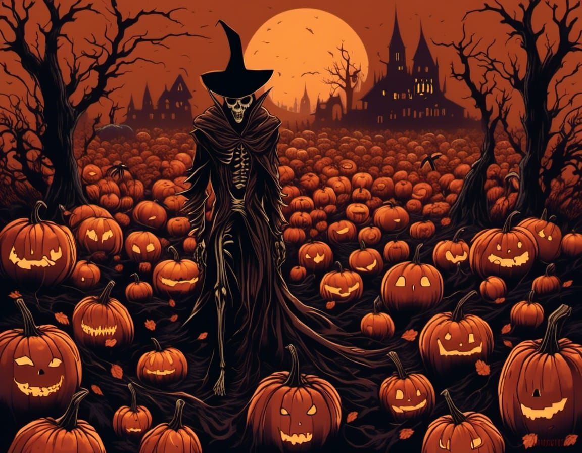 Towering Scarecrow Pumpkin King in Hellish Landscape