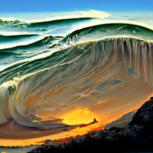Surfing a Sunset Wave: Illustrative Realist Oil Painting