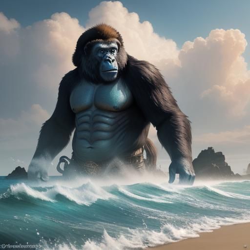 Ape in Hat Walks on Beach: Fantasy Art