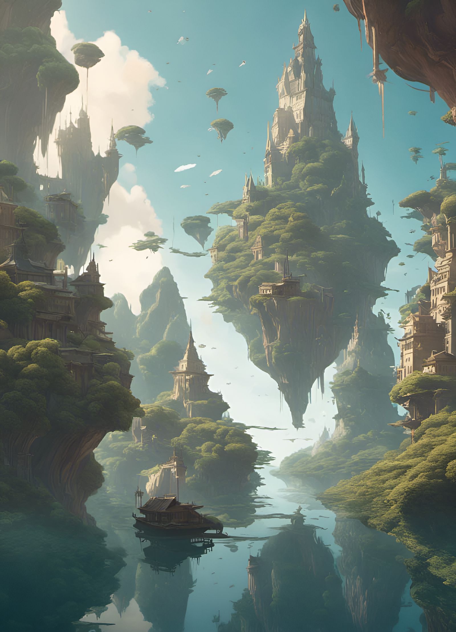 Fantasy Floating Islands: Hyperdetailed Matte Painting