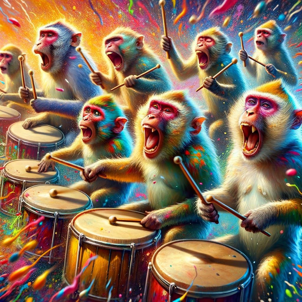Musician Monkeys Immersed in Energetic Performance