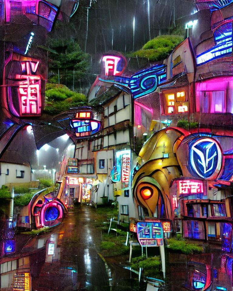 Sci-Fi Fantasy Village in Rainy Neon Night