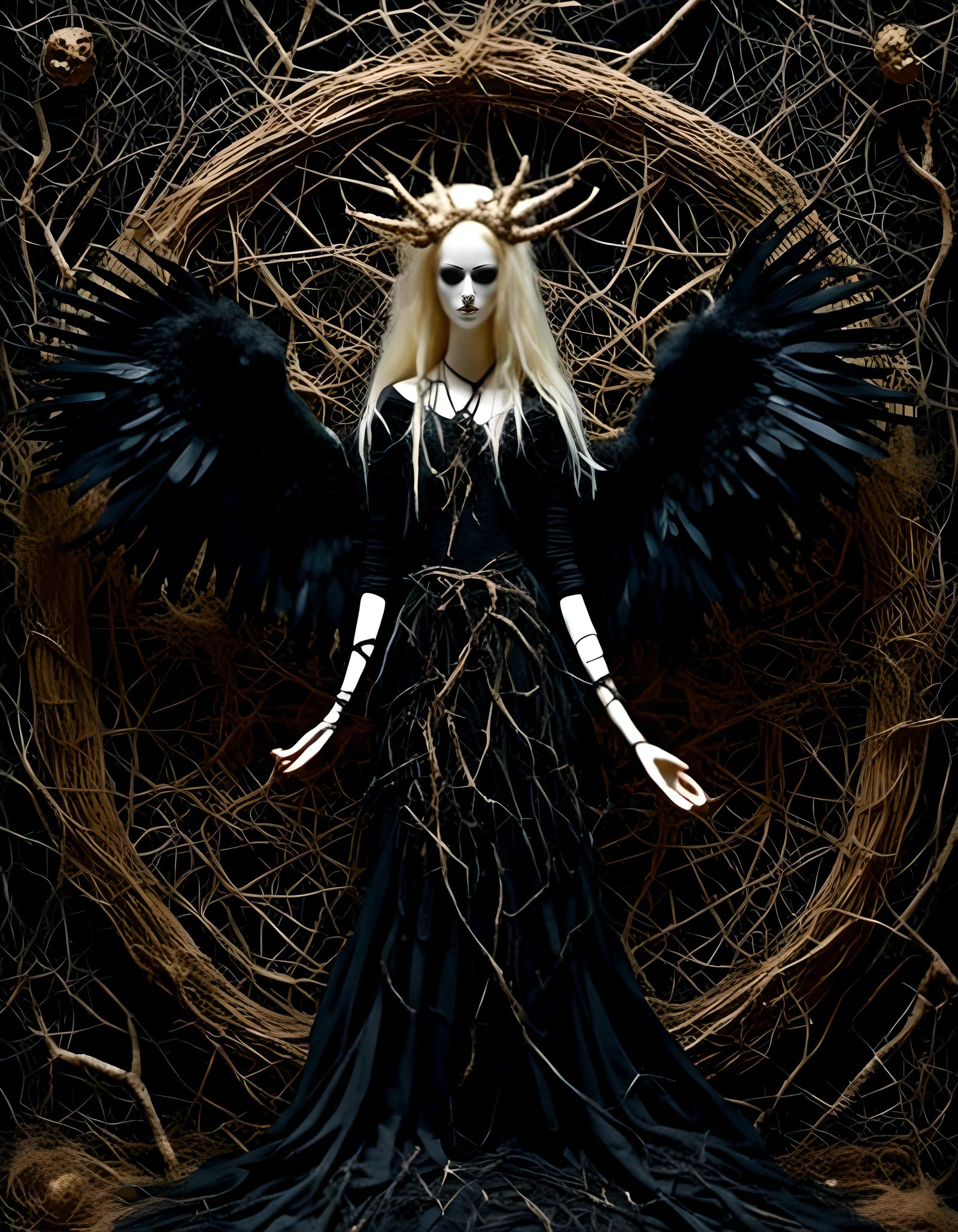 Goddess with Raven and Ram in Dark Beauty Style