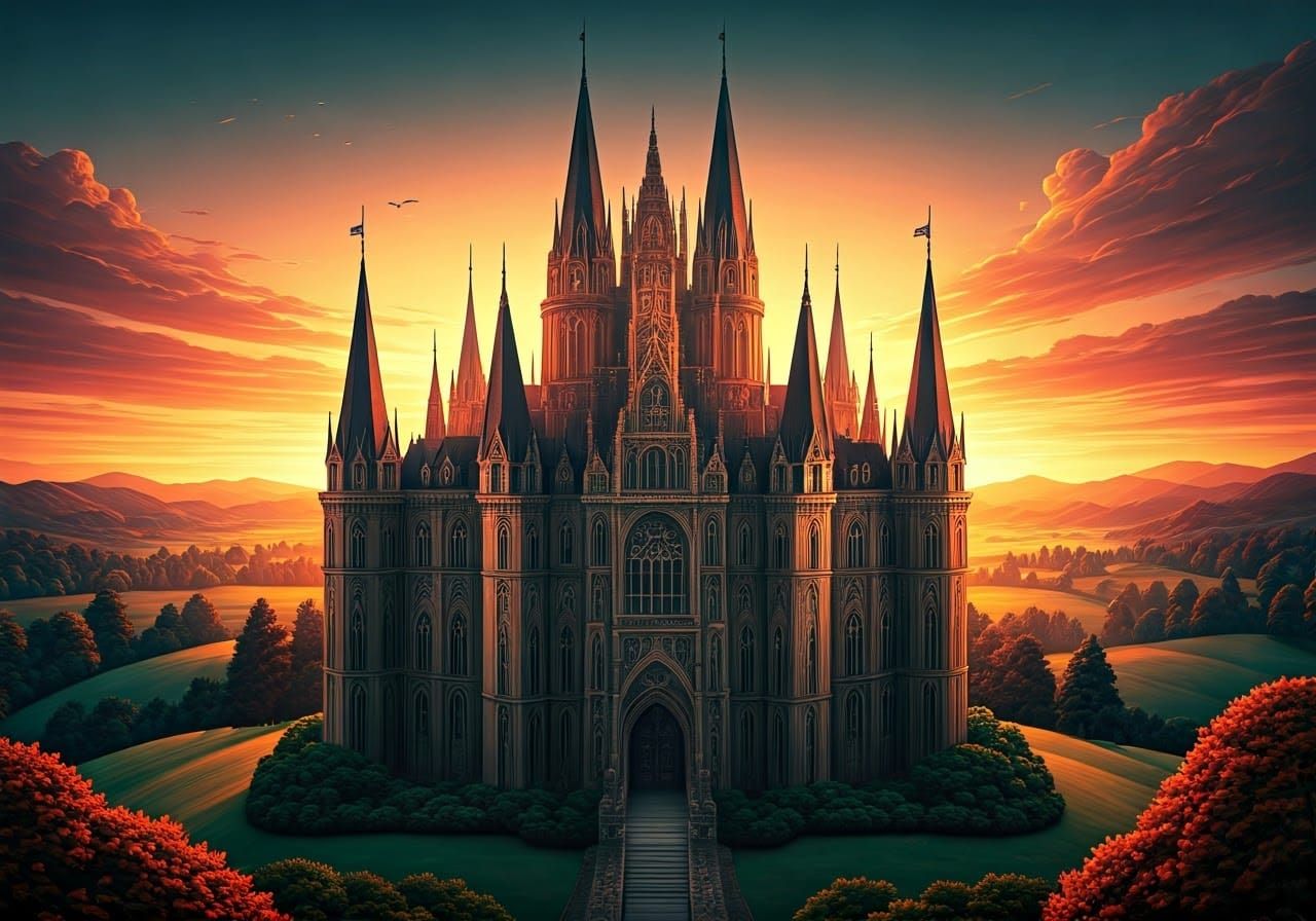 Opulent Art Deco Medieval Castle Sunset Landscape