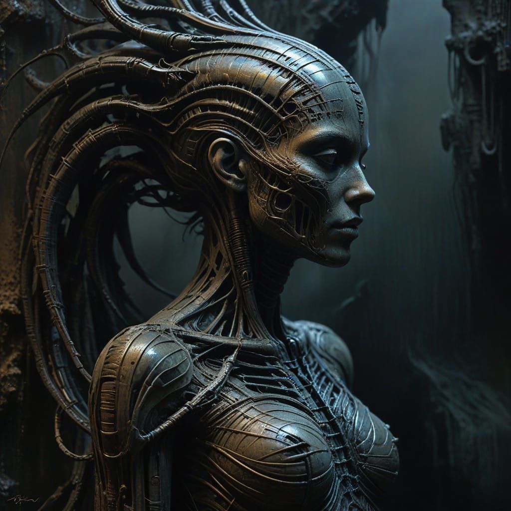 Gigeresque Woman in Hyper-Realistic Oil Painting