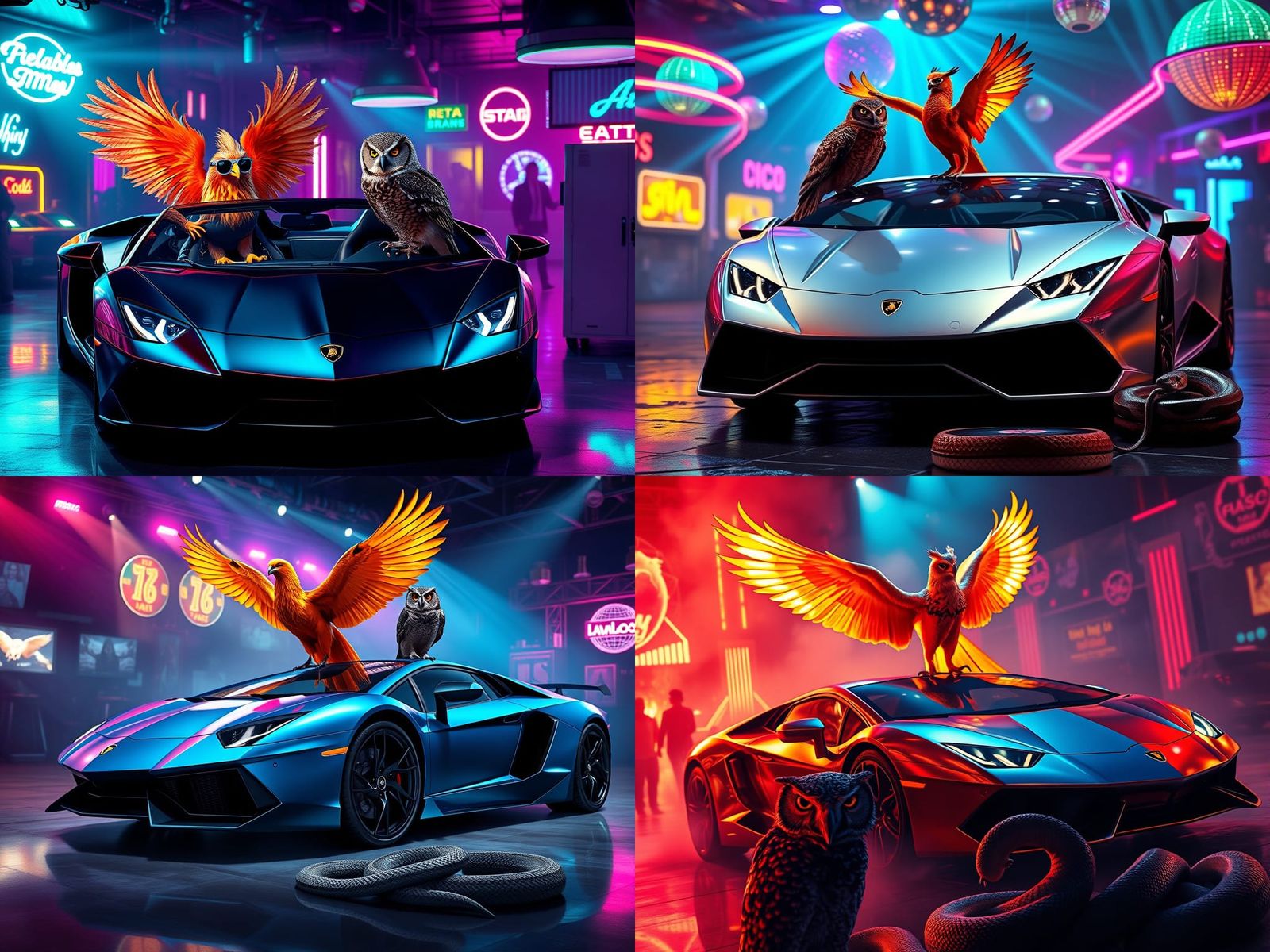 Photorealistic Phoenix, Lamborghini, and Animal Combination