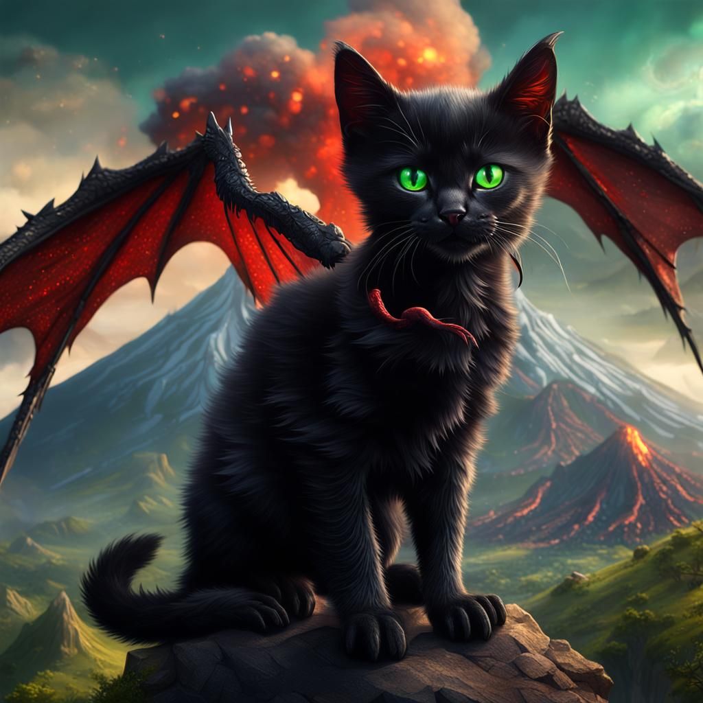 Black Kitten with Dragon Wings Volcano Background