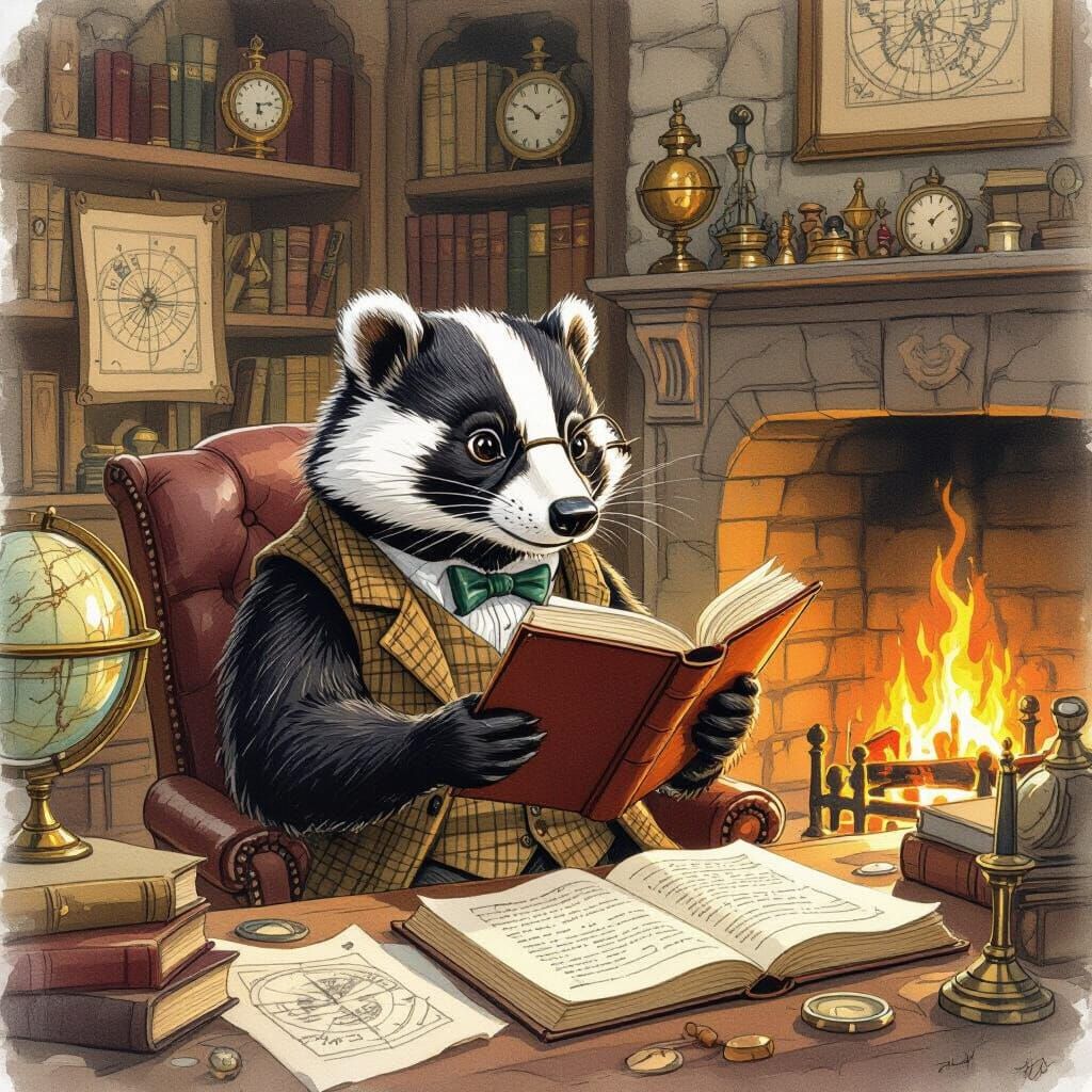 Anthropomorphic Badger Reading in Cozy Study, Watercolor Sty...
