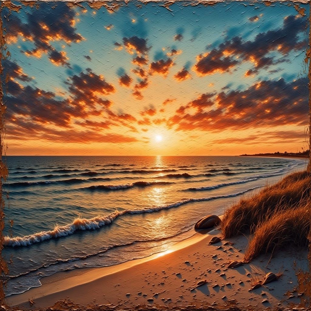 Florida Beach Sunset in Grungy Oil Painting Style