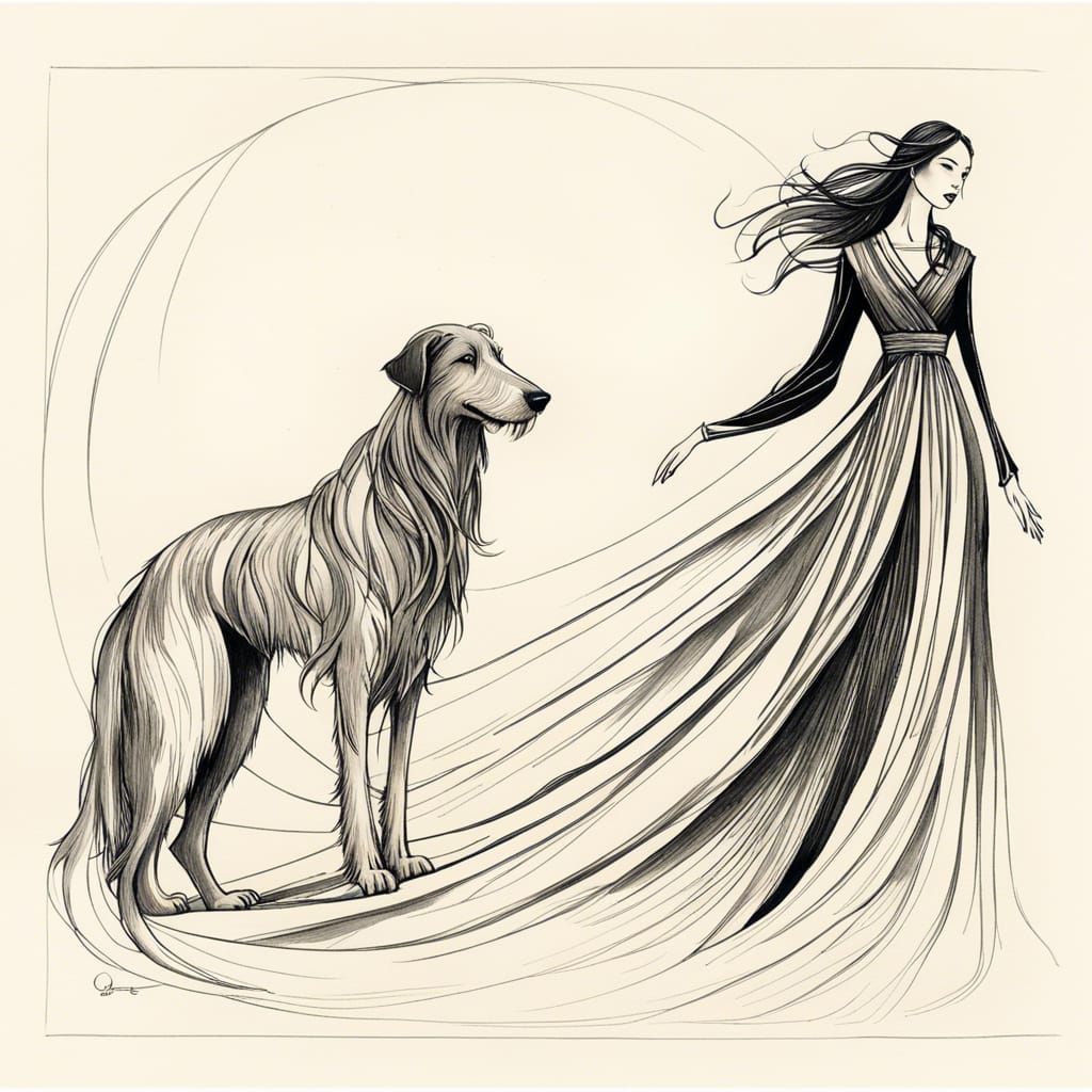 Celtic Maiden and Wolfhound Ink Sketch