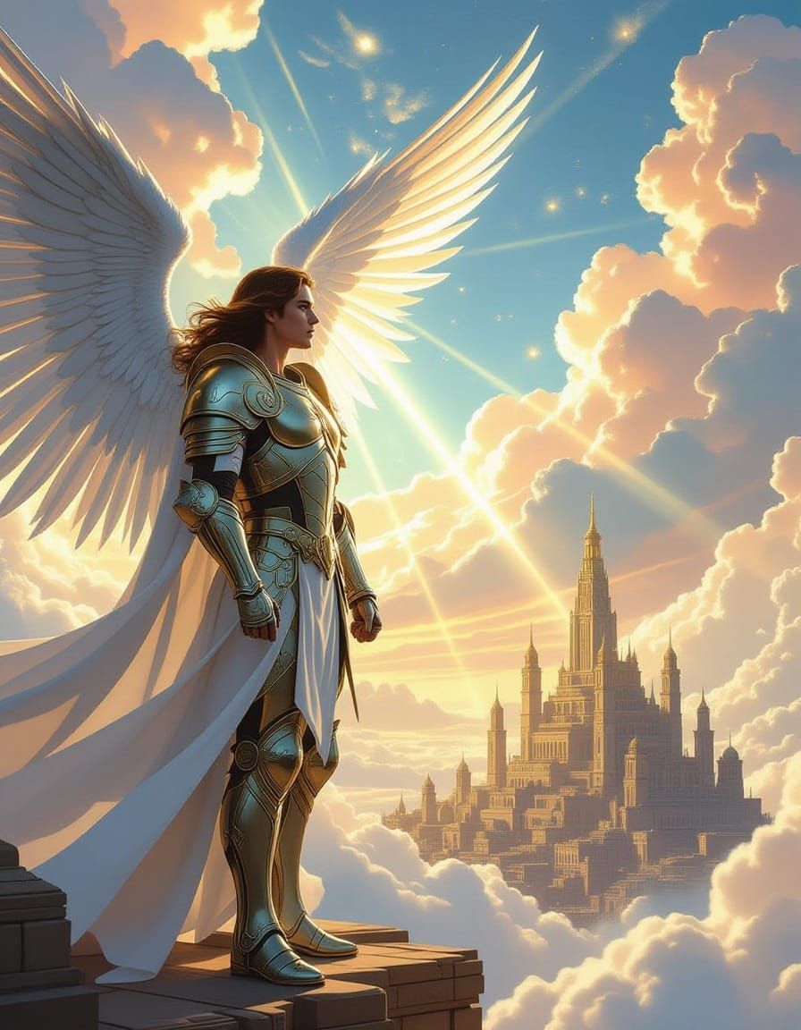 Archangel Michael Protects Daniel Over Futuristic City