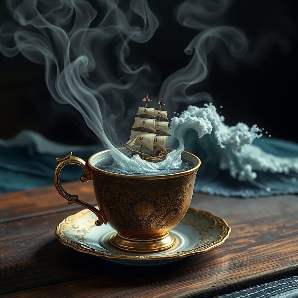 Steamy Waves and Vintage Vessel in Antique Coffee Cup