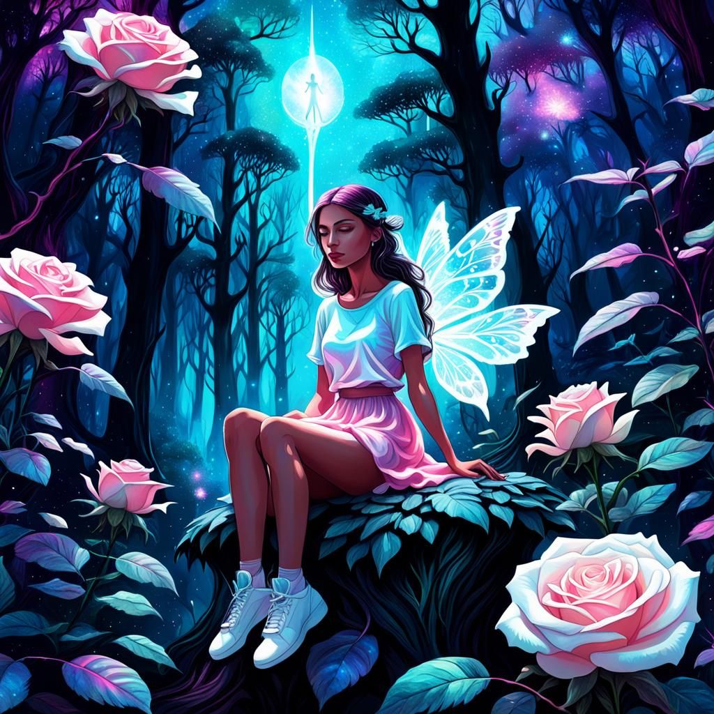 Magical Fairy on White Rose in Dark Forest