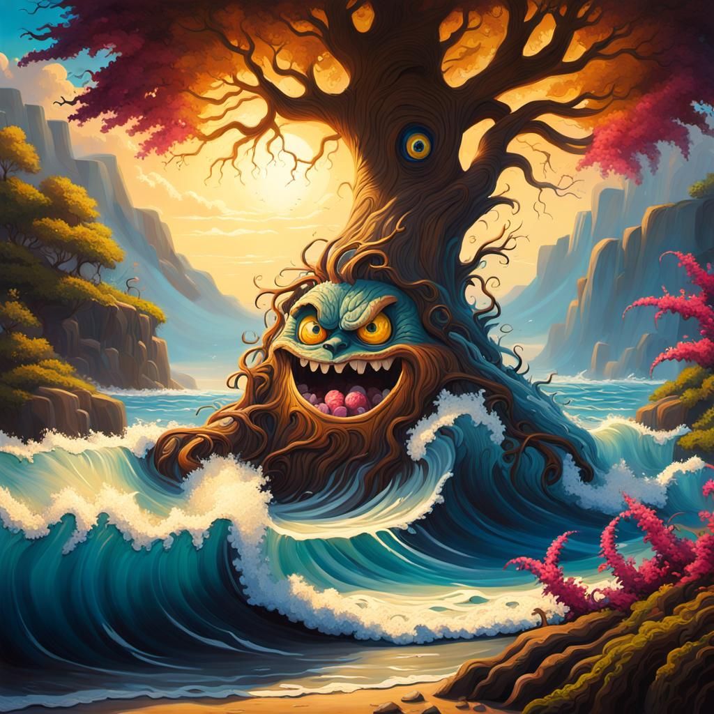 Surreal Coastal Scene with Crashing Wave, Oil Painting