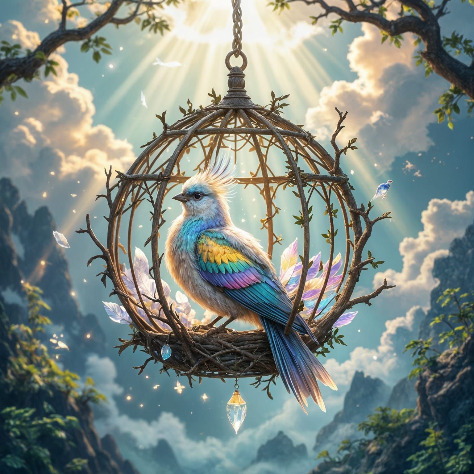 Magical Birdcage Floating With Mythical Bird