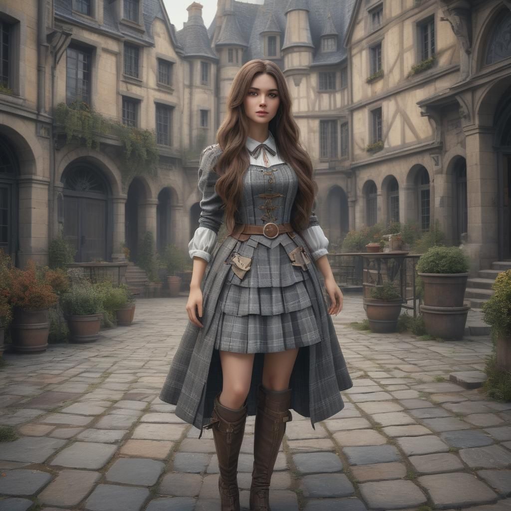 Girl in Checkered Outfit: Detailed Matte Painting