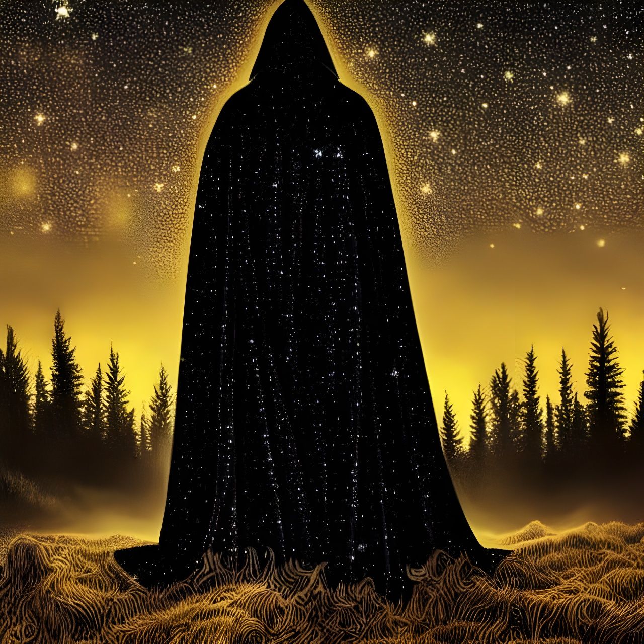 Sandman in Golden Forest Under Starry Sky
