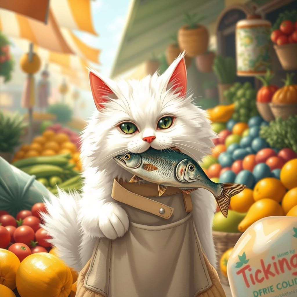 Persian Cat in Market, Whimsical Illustration