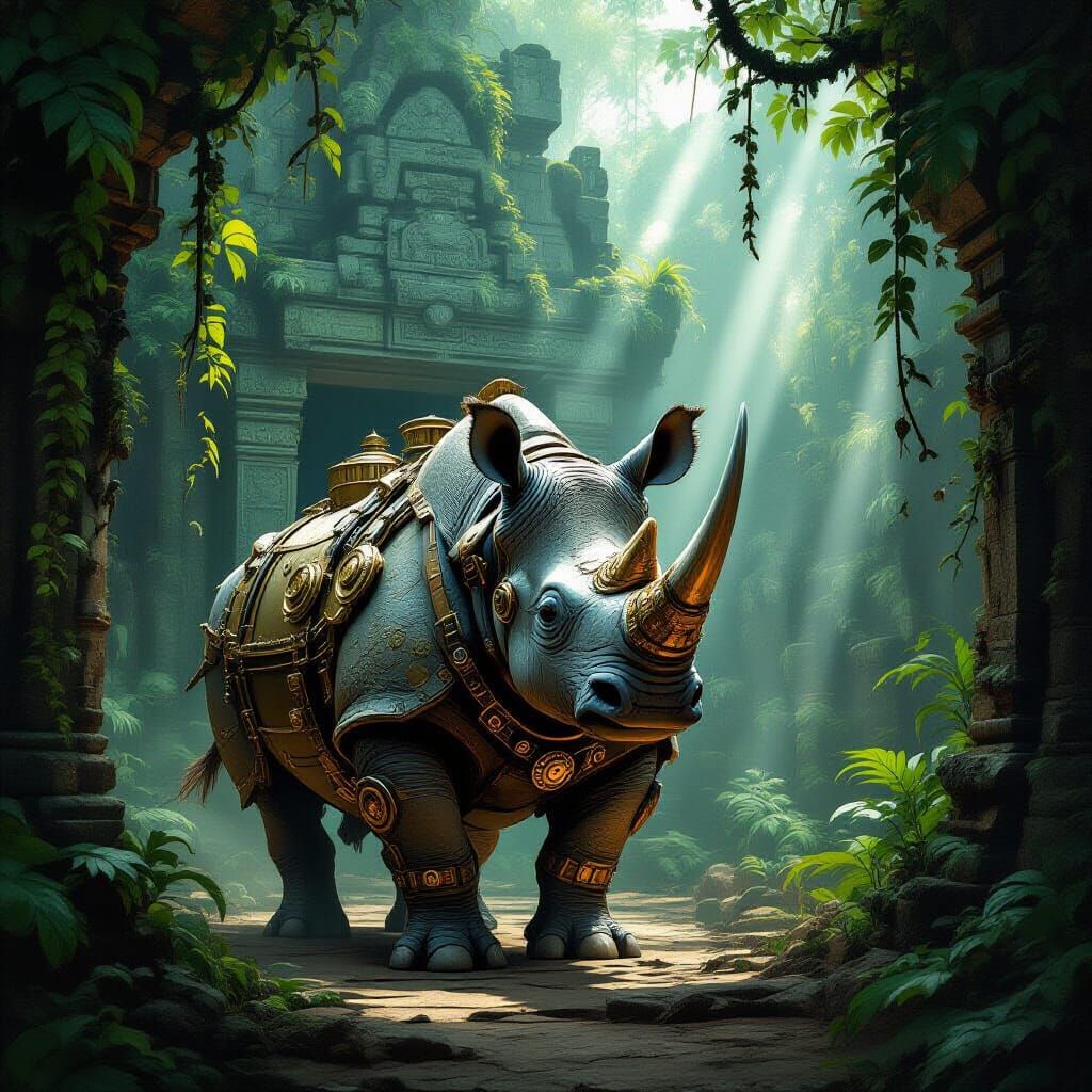 Steampunk Rhinoceros Warrior Guards Jungle Temple Entrance