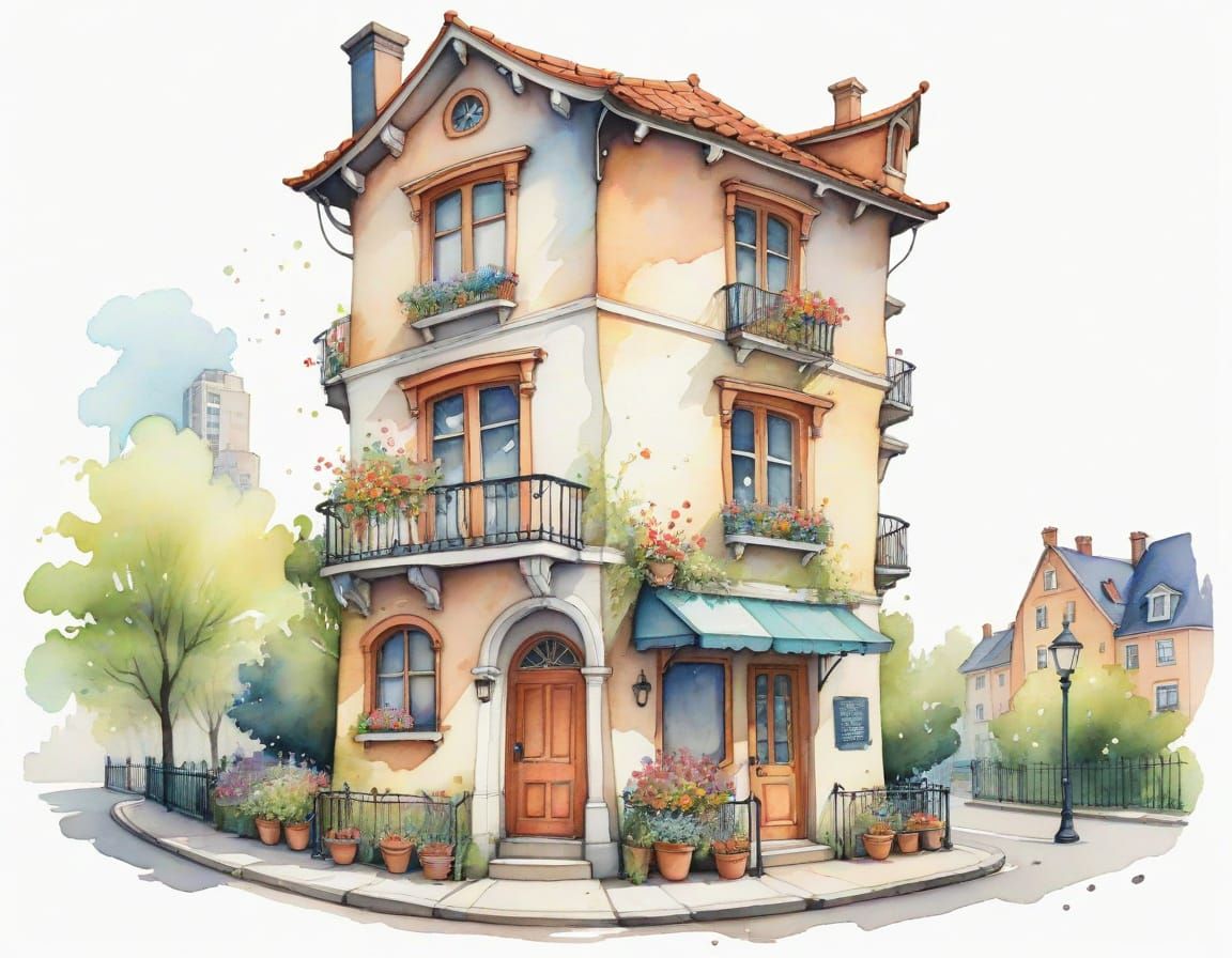 Stylized Watercolor of Whimsical Wonky Building on Street Co...