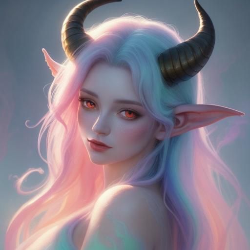 Tiefling Priestess in Temple Bathhouse, Gouache Style