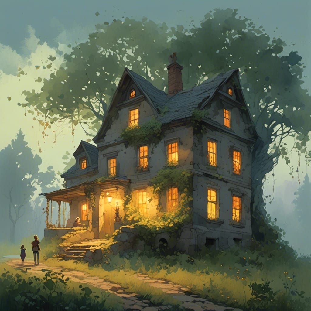 Mystical Family Home in Antique Watercolor Style