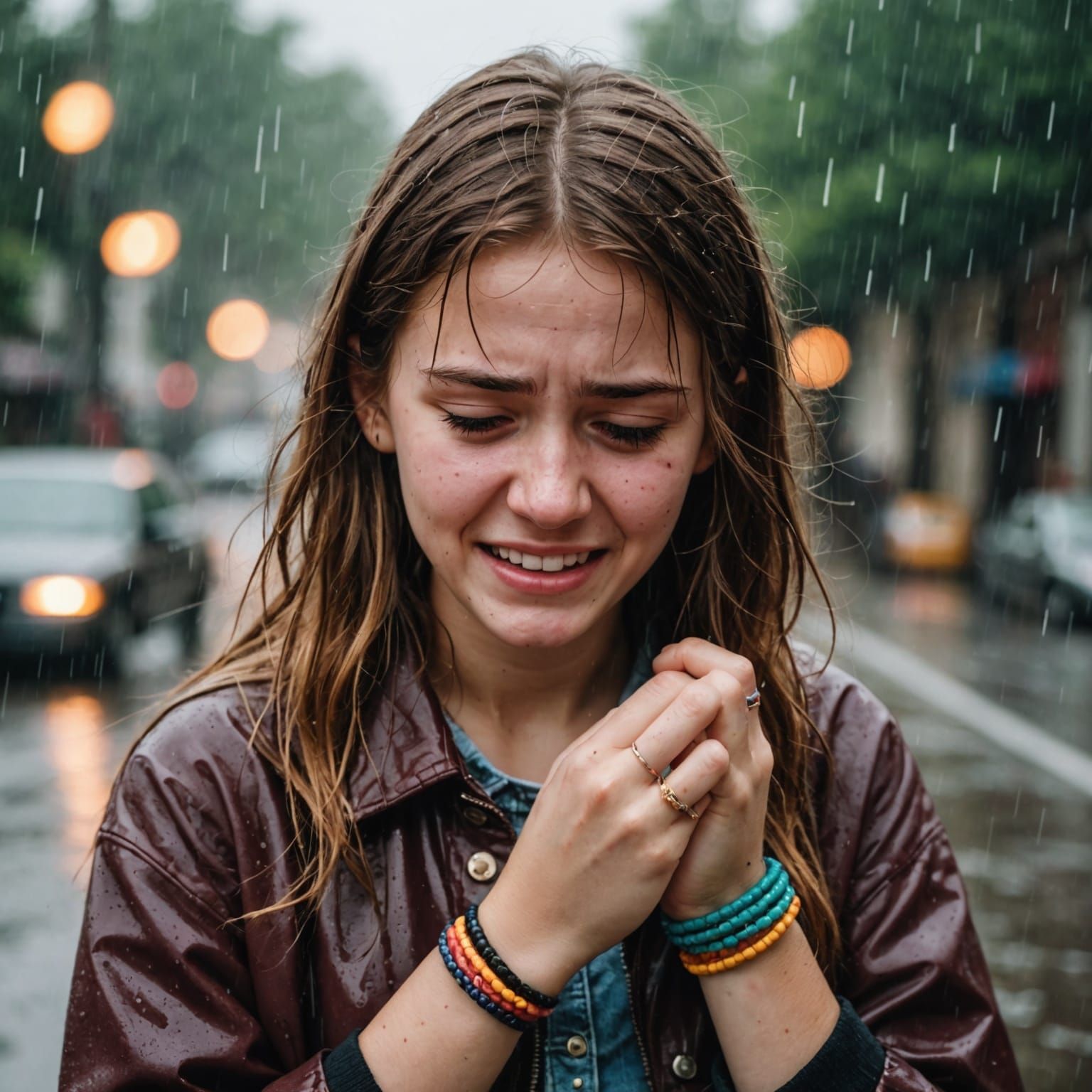 Crying Teenage Girl in Rain: Alcohol Ink Art