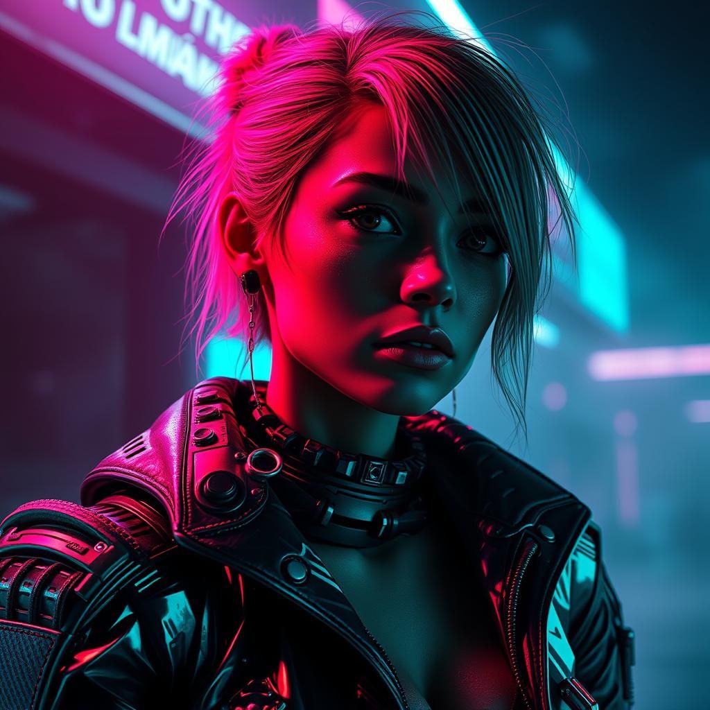 Cyberpunk Woman in Neon-Lit, Hyper-Realistic Style