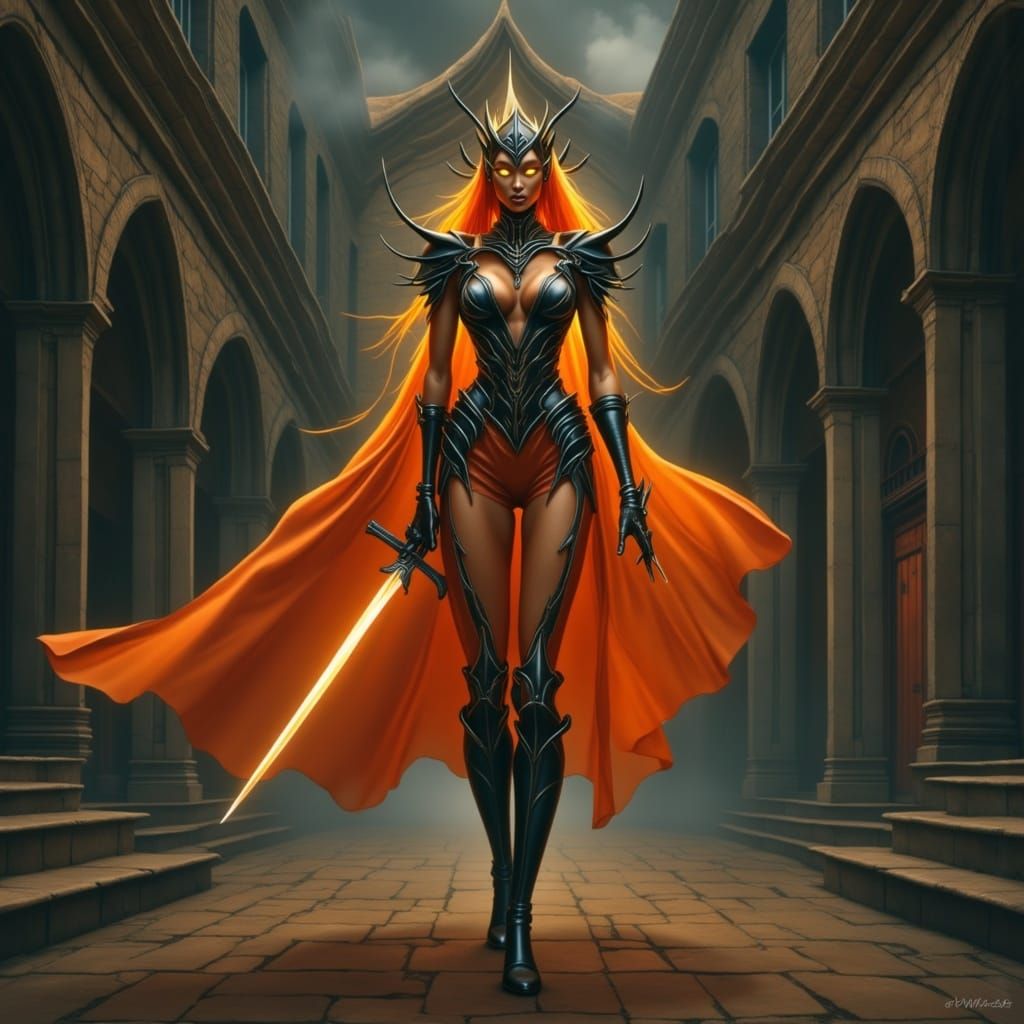 Ethereal High Elf Knightess in Fantasy Courtyard