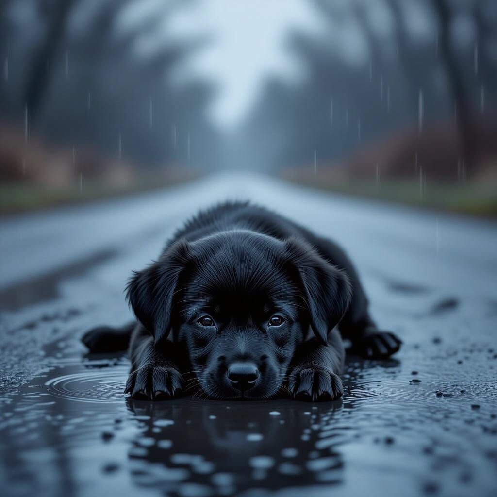 Sad Puppy in Rain: Moody Digital Painting