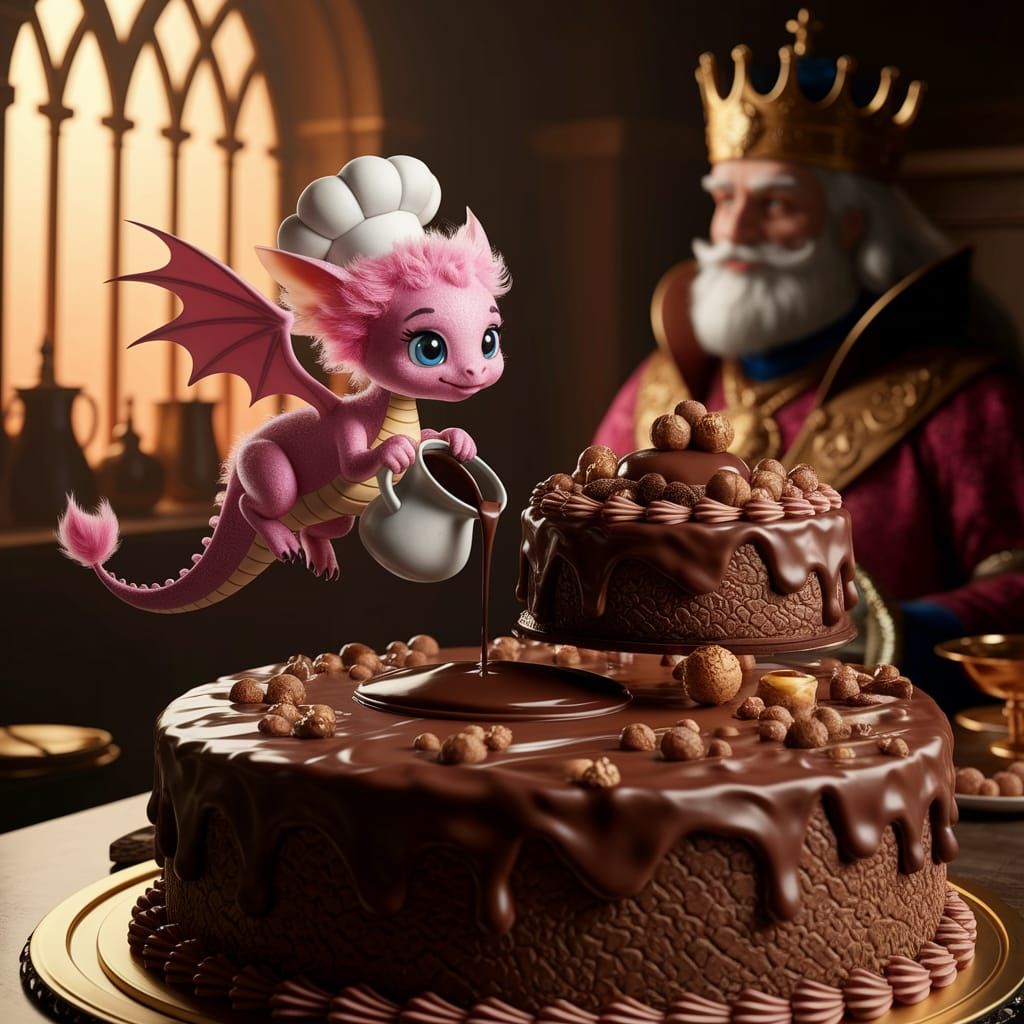 Pink Dragon Chef Decorating Chocolate Cake
