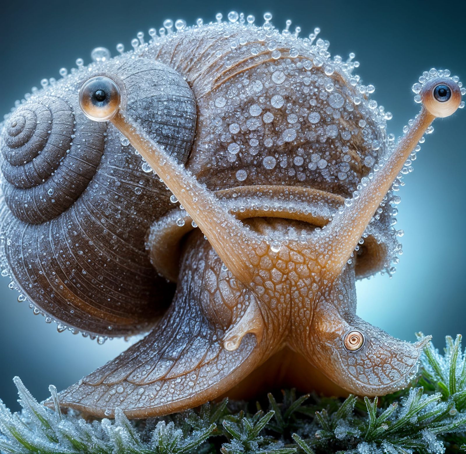 Macro Photo of a Frost-Covered Snail