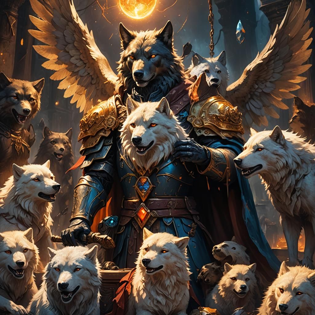 Archangel with Wolves and Teddy Bears, Mystical Art