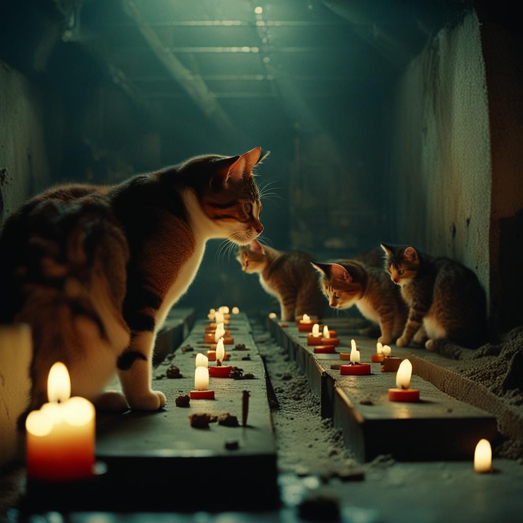 Cats in Cold War Shelter: Cinematic Film Still