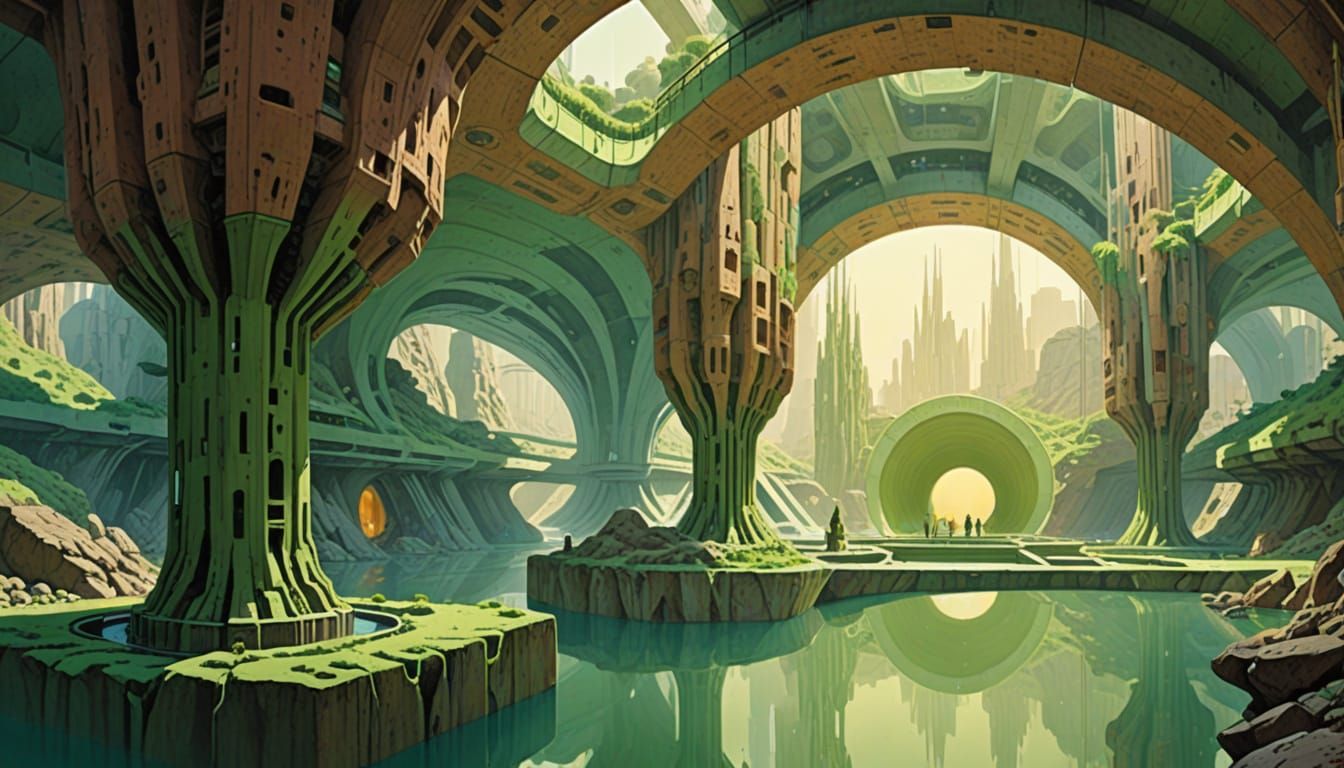Futuristic Underground City with Waterfalls