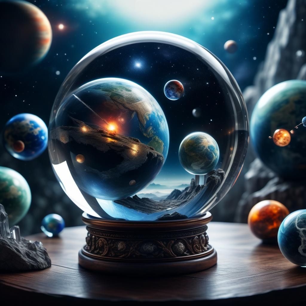 Planets Encased in Crystal Orb: Hyperrealistic Detail