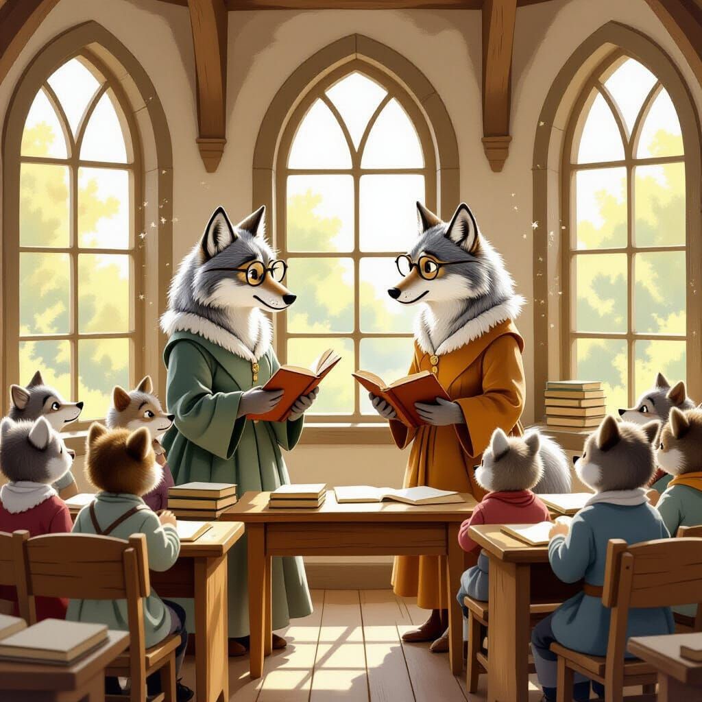 Wise She-Wolf Teacher in Fable Illustration Style