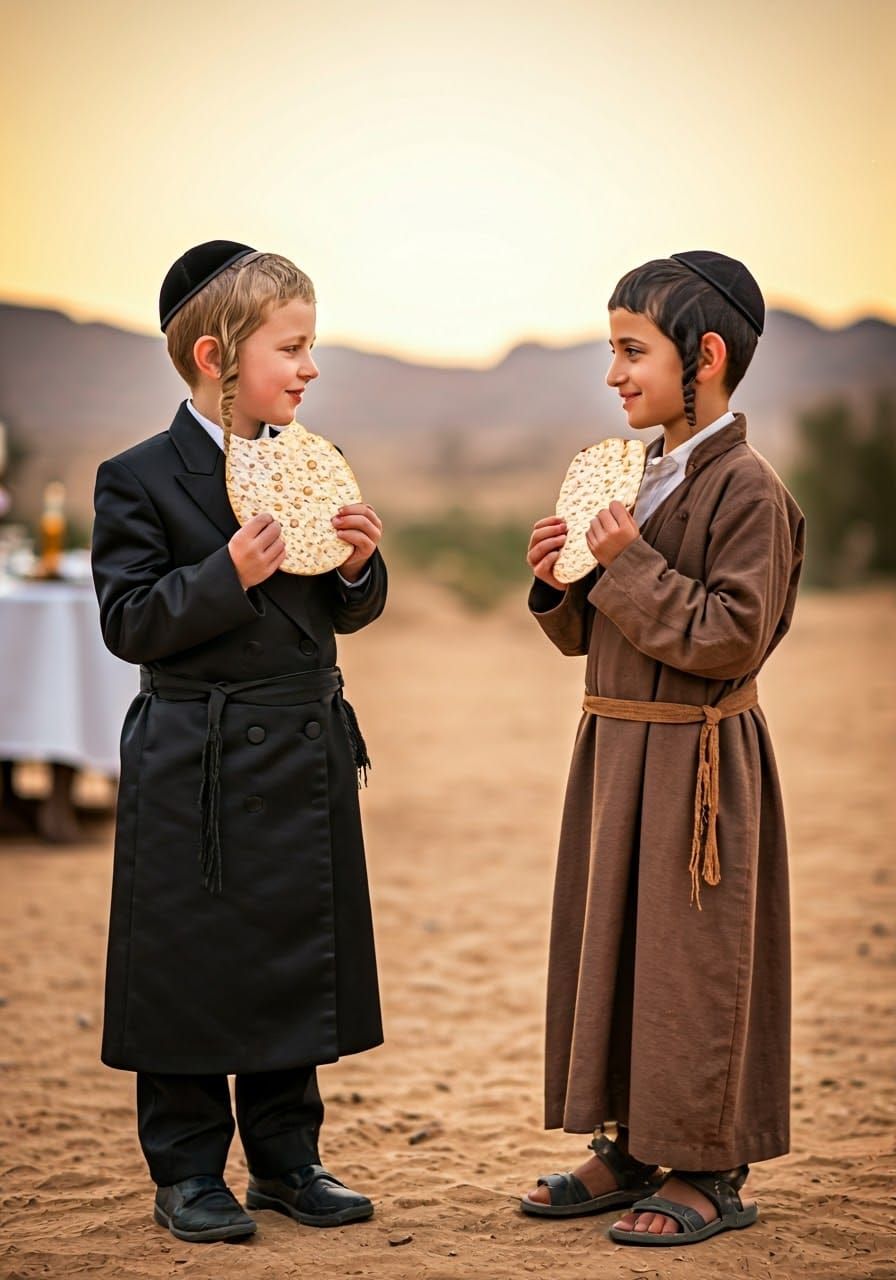 Two Young Hasidic Boys Share a Tender Moment in a Blurred Tw...