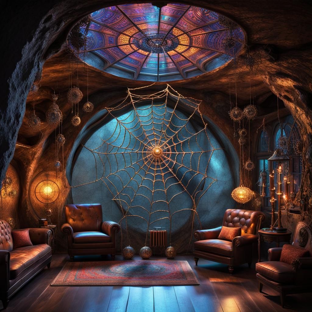 Gothic cyborg steampunk spiderweb woven within the vibrant a...