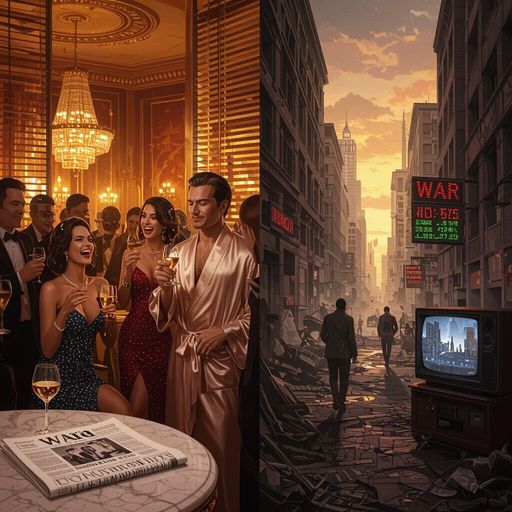 Opulent Party Contrasts Dystopian War Scene