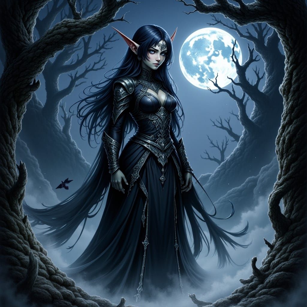 Dark Shaman Priestess in Moonlit Fantasy Scene