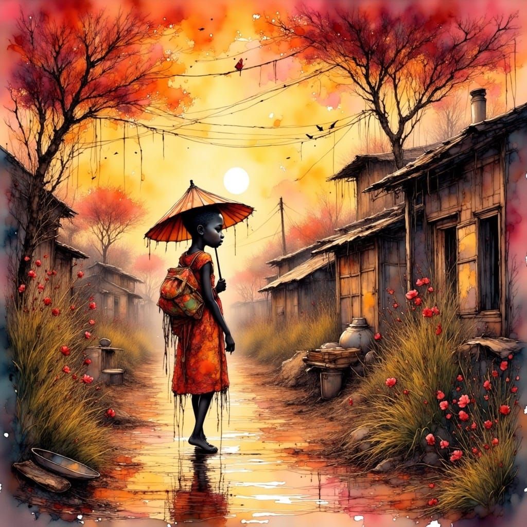 Young African Boy Strolling Through Village Sunset