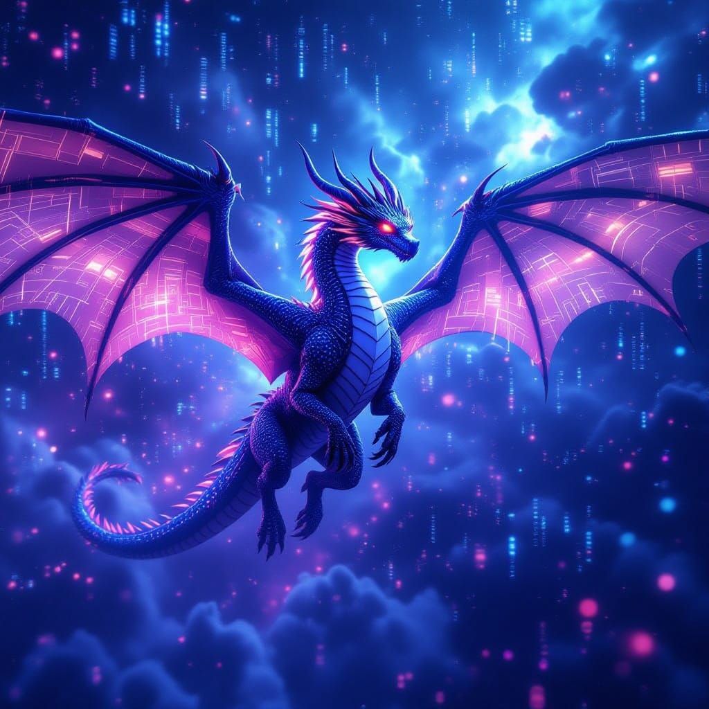 Binary Code Dragon Soaring Through Data Nebula